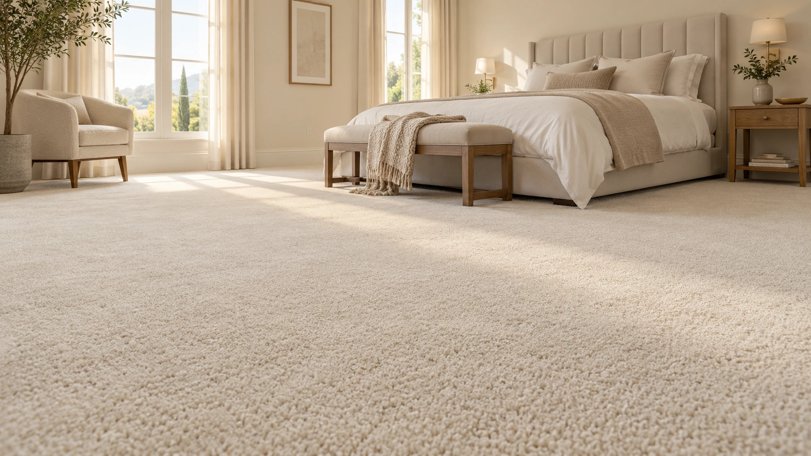 Soft ivory wall-to-wall carpet in an elegant bedroom with warm natural light
