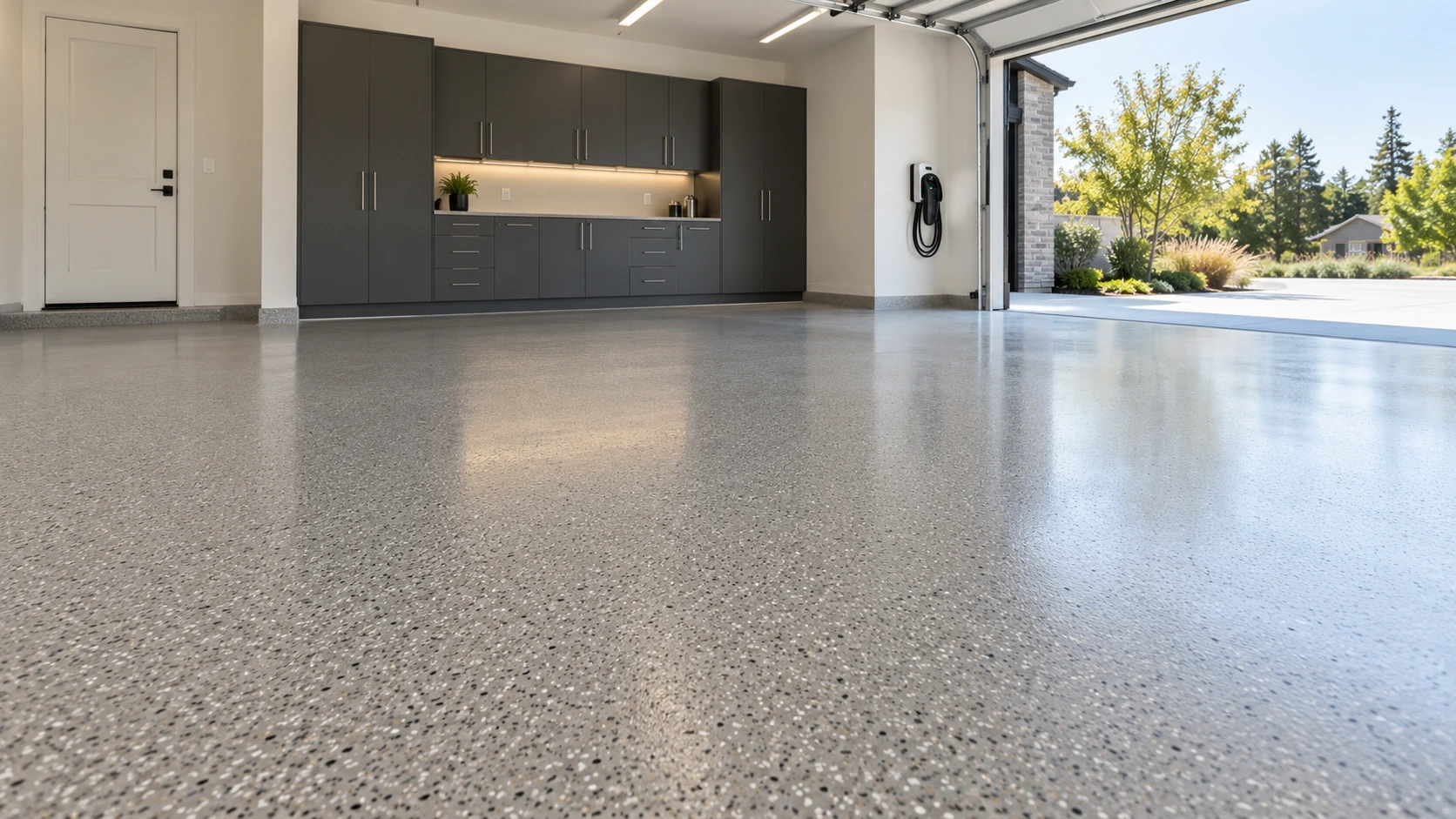 Seamless gray flake epoxy flooring in a clean contemporary residential garage