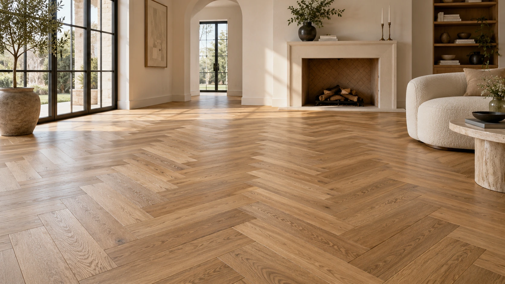 Warm natural oak hardwood laid in an elegant herringbone pattern
