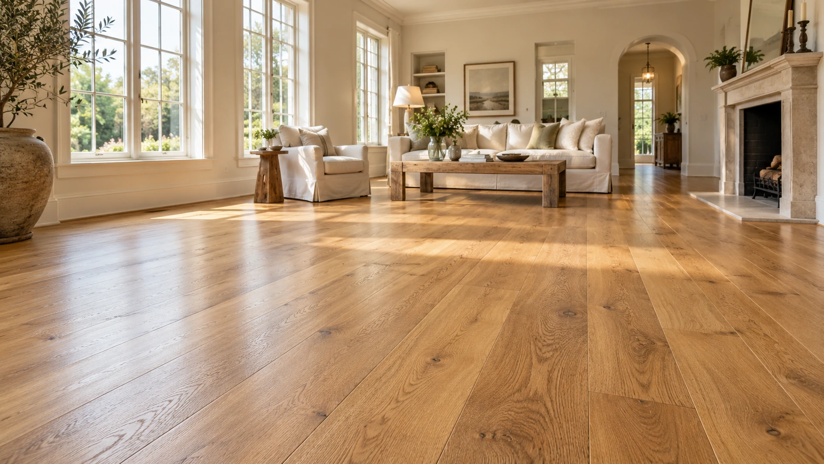Restored honey-toned oak plank flooring with a satin finish in a sunlit living room