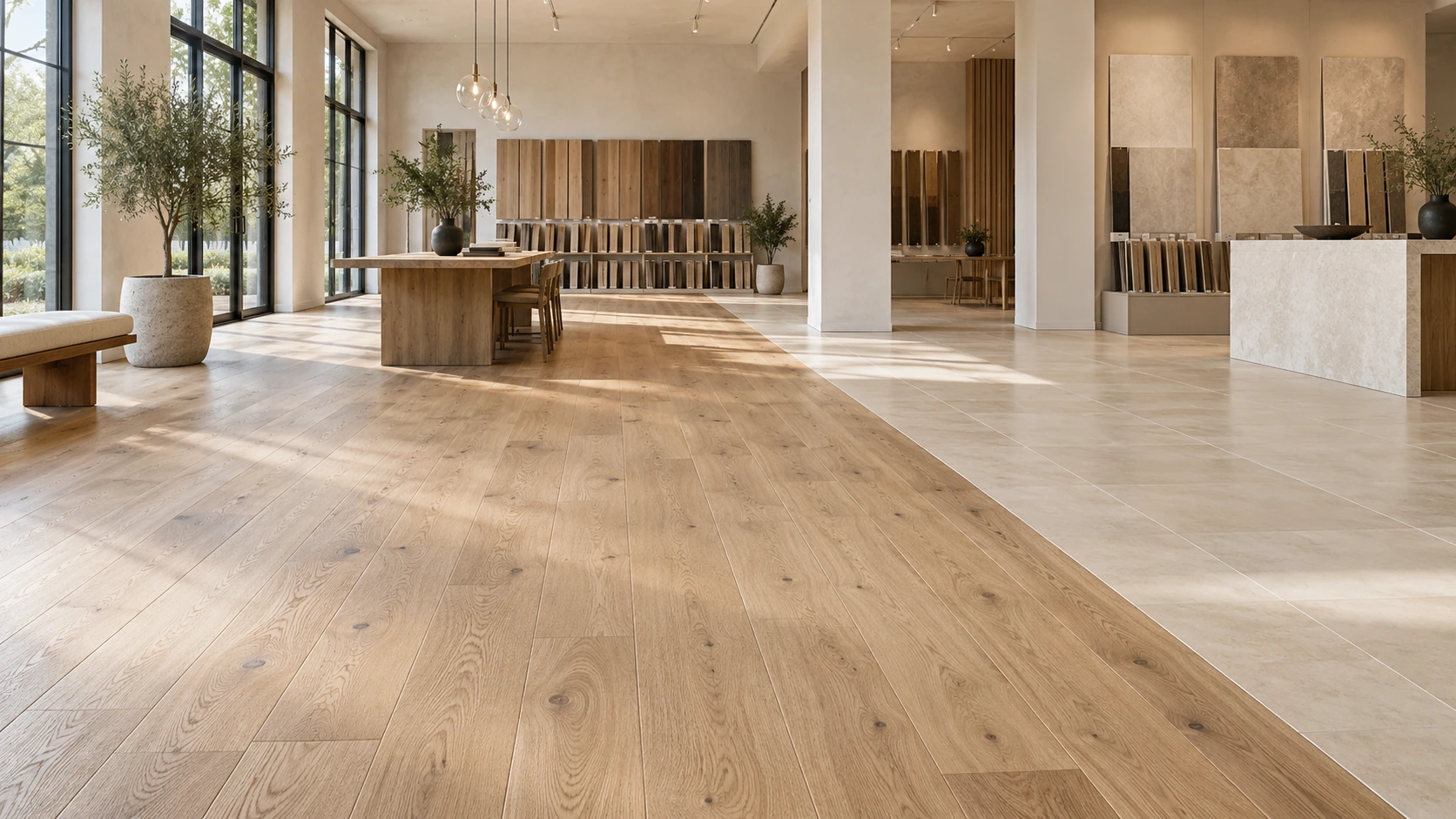 A spacious architectural flooring interior with oak planks meeting ivory tile