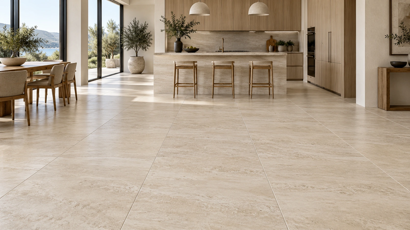 Large ivory stone-look porcelain floor tiles in an elegant kitchen
